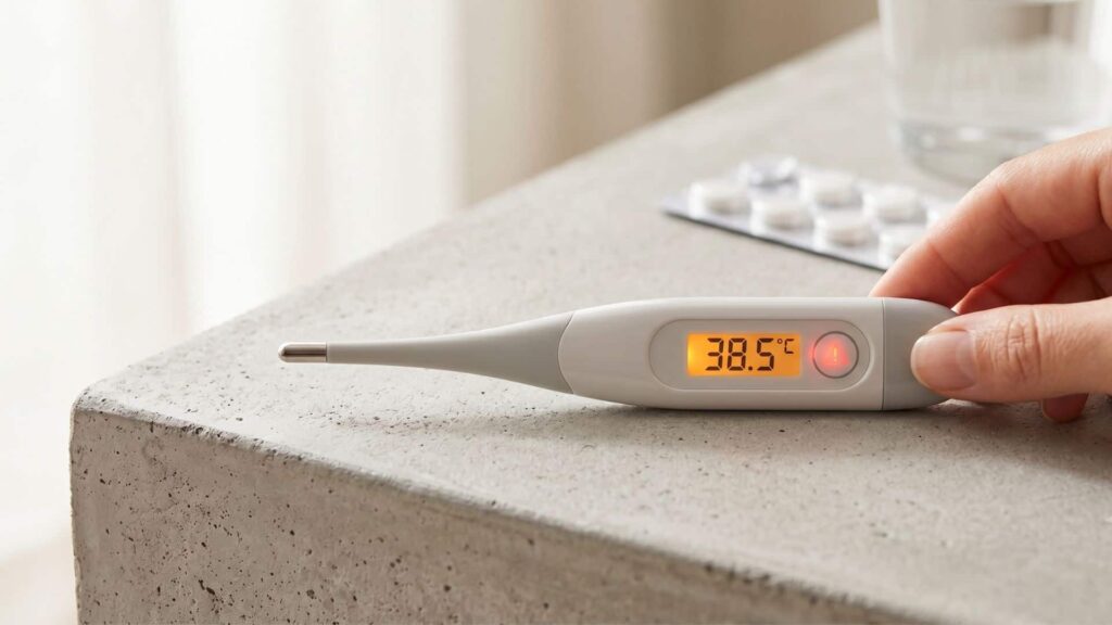 A hand reaching for a digital fever thermometer on a bedside table showing a body temperature of 38.5 degrees Celsius next to medicine.