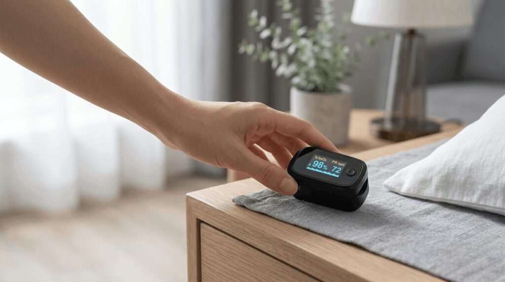 A person's hand reaching out to pick up a black digital pulse oximeter displaying 98% SpO2 reading on a wooden bedside table.